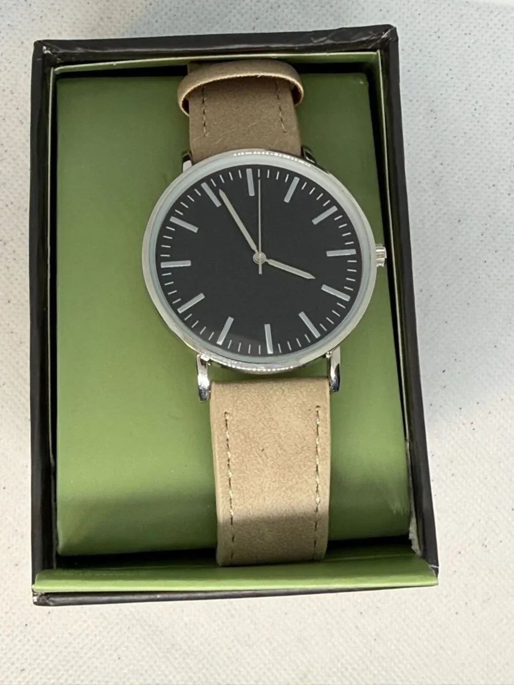 Goodfellow & Co Mens Value Strap Watch Black Dial Silver Tan Faux Leather
